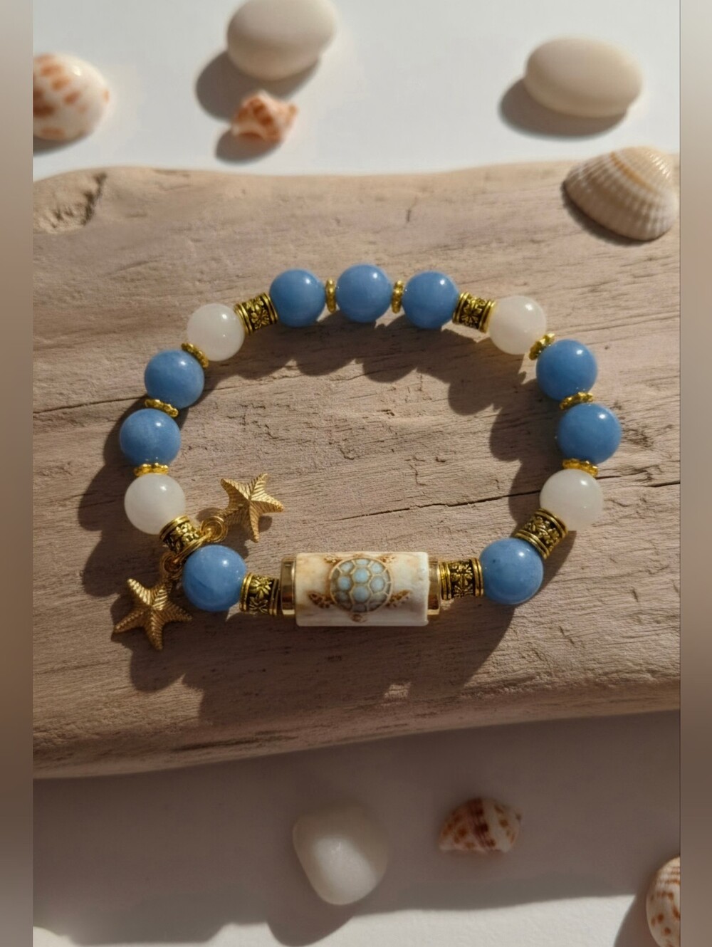 Sea Turtle & Starfish Beaded Charm Bracelet